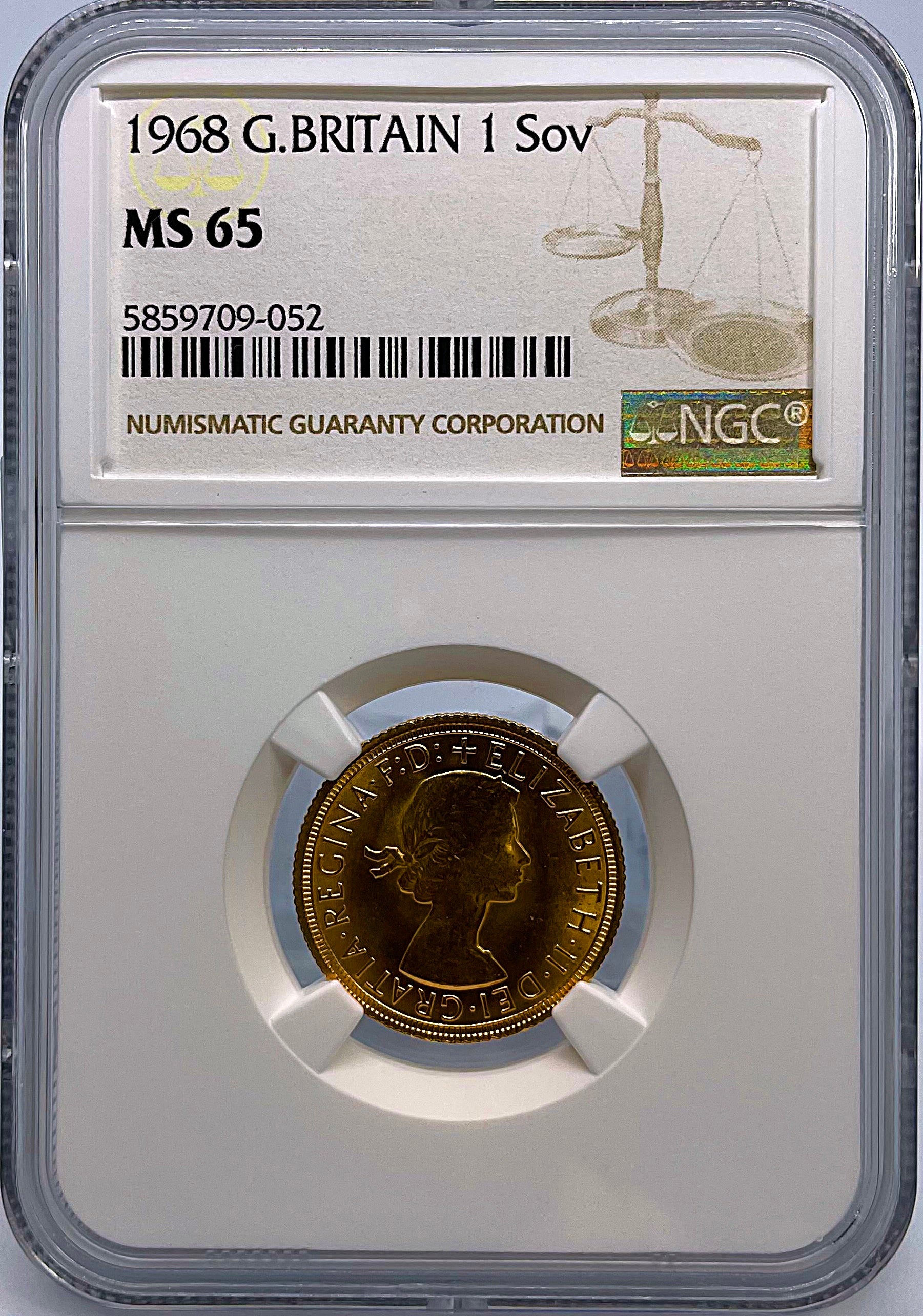 1968年 イギリス エリザベス二世 ソブリン金貨 NGC鑑定 MS65 ヤング