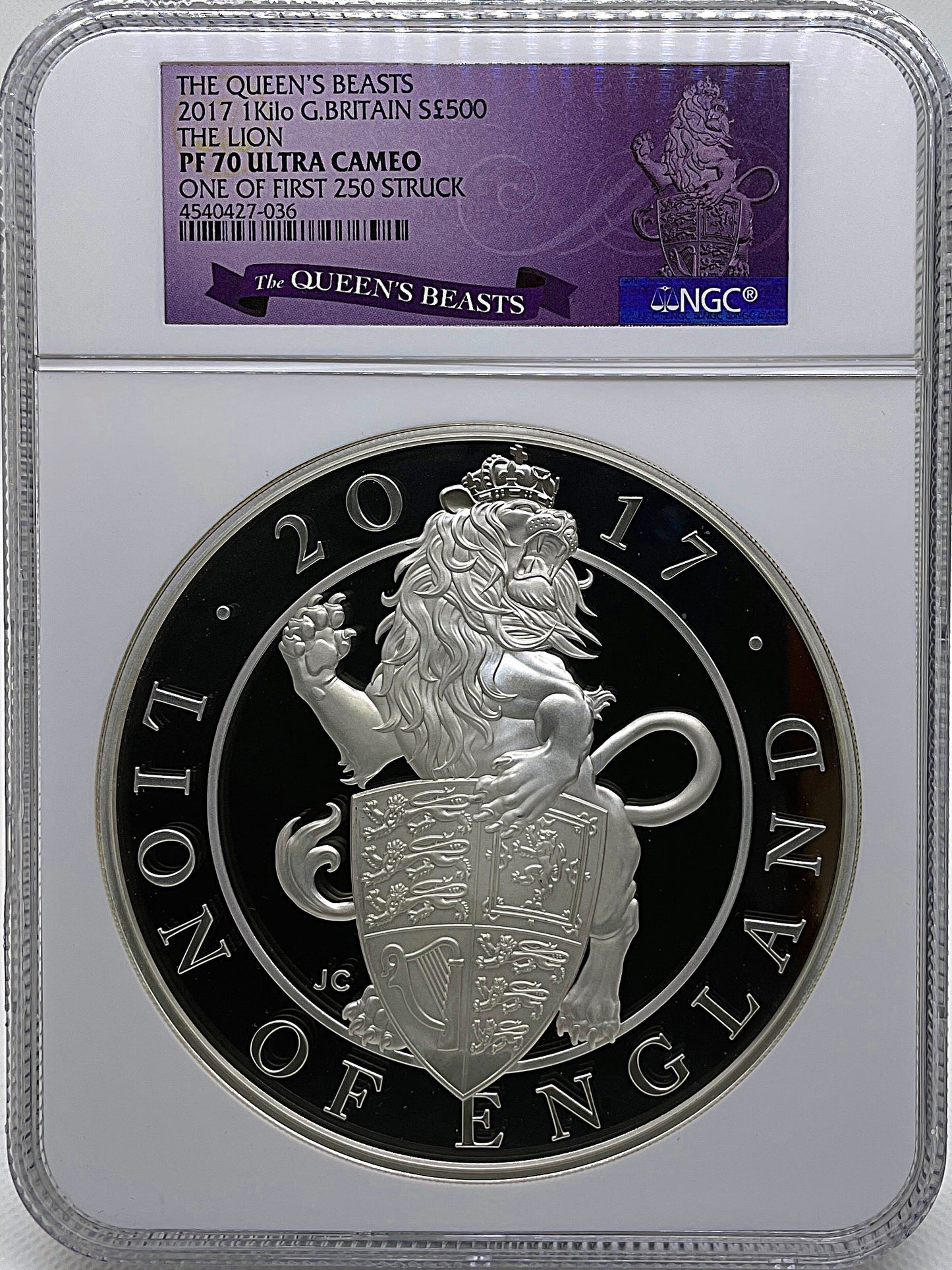 2017年 イギリス クイーンズ ビースト イングランドのライオン 1キロ 500ポンド 銀貨 NGC PF70UC-1